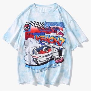 Shein Blue Tie Dye Car Racing Short Sleeve Graphic Tee Men’s Size Small